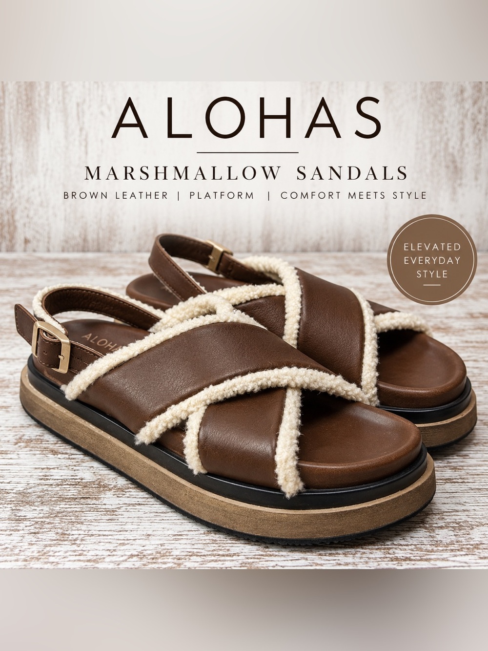 ALOHAS Marshmallow Brown Leather Shearling Platform Sandals Women’s EU 39